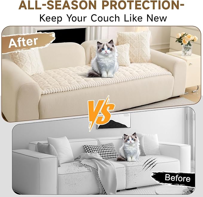 OTOB Couch Cover for Dogs Washable Pet Friendly, Non Slip Plush Fuzzy Love Seat Couch Covers Sofa Slipcovers, Geometric Jacquard Soft Pet Cushion Mat Furniture Protector (Off White, 27.6" x 59.1")