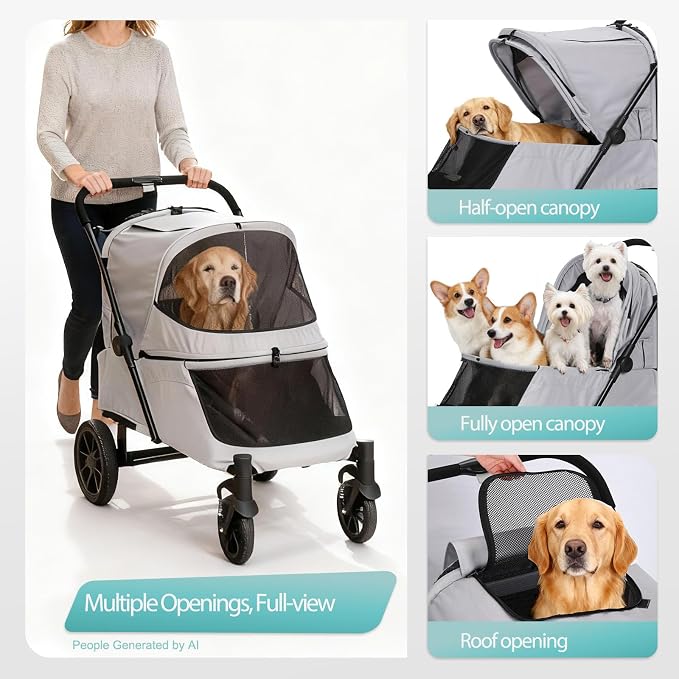 Pet Stroller with Ramp for Large Dogs up to 132lbs, Large Pet Gear for Multiple Dogs/Cats, All-Terrain with Mesh Dual-Window & NO-Zip, Removable Mattress & Slope Pad (Gray)