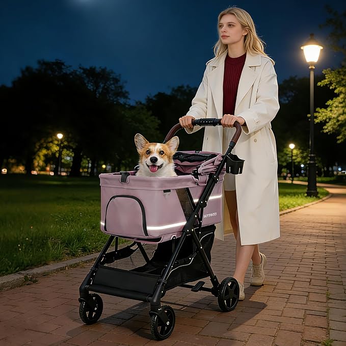 No-Zip Pet Stroller for Small Dogs & Cats, 44 lb, Pink | No-Zip Canopy, 44 lb Capacity, Reflective Trim, 2 Tethers, Lockable Front Wheels, Rear Brake and One-Hand Fold