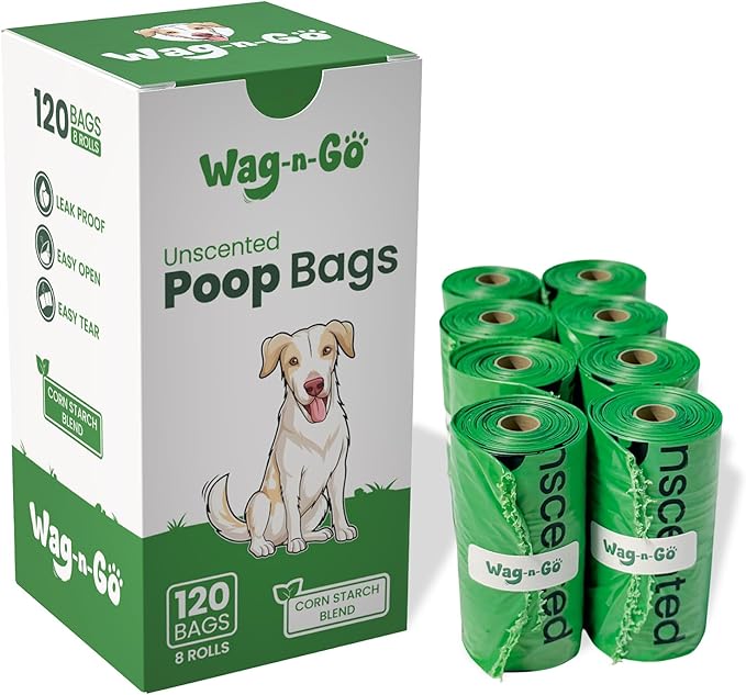 WAG-N-GO Dog Poop Bags Rolls, 120 Count Unscented Doggie Poop Bags, Leak-Proof, Easy Pet Waste Cleanup