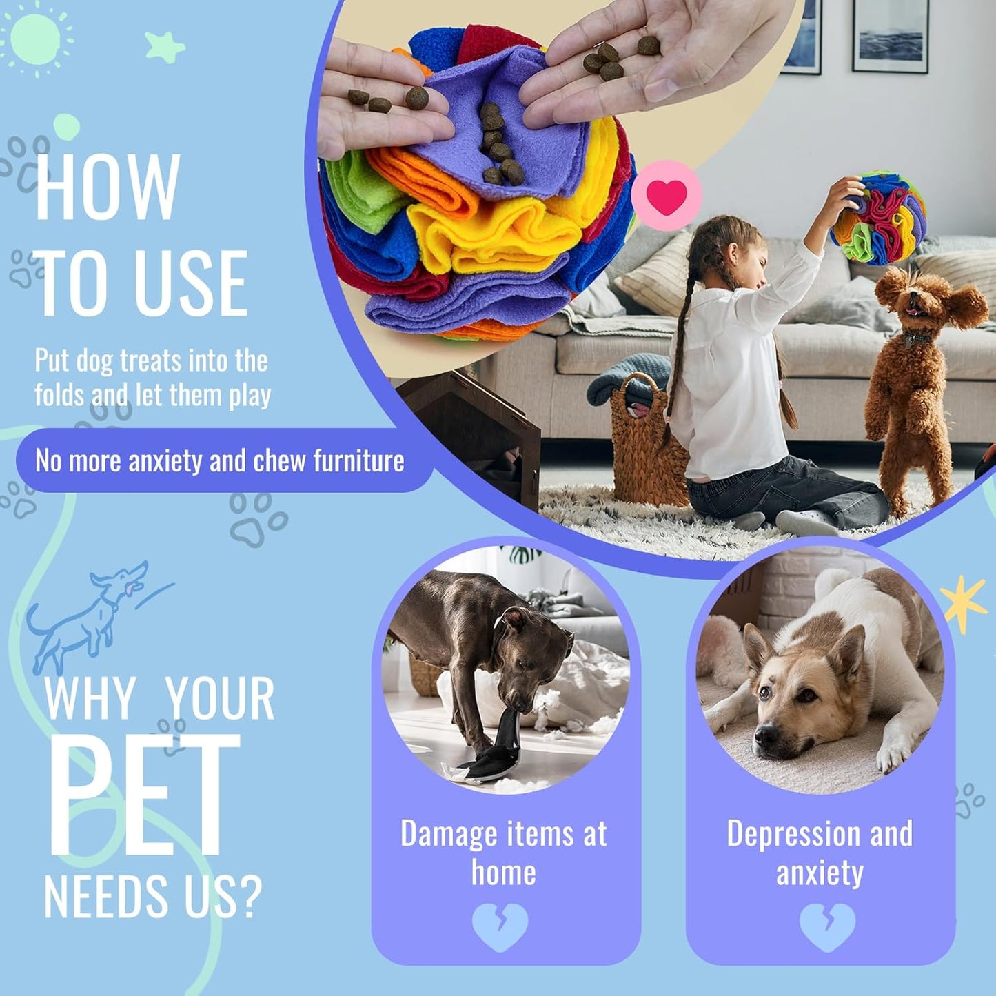 Pet Snuffle Ball, Puzzle Sniffing Interactive Dog Ball for Blind Dogs Training Stress Relief Dog Enrichment Toys Treat Machine Washable (15cm, Rainbow Color)