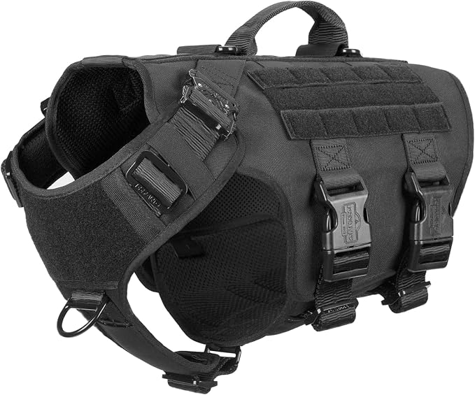 ICEFANG No Pull Tactical Dog Harness for Large Dogs,Adjustable Dog Vest | Control Handle,MOLLE Panel,Front Hook,3 Leash Clips,Soft Padded,for walking training,Black,Large