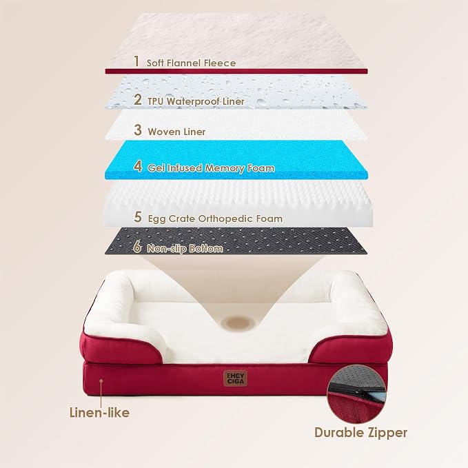 EHEYCIGA Orthopedic Extra Large Dog Bed, Waterproof Washable XL Pet Bed 44" | Non-Slip Bottom and Egg-Crate Memory Foam Big Dog Couch Bed with Washable Removable Cover, Red, 44Inch