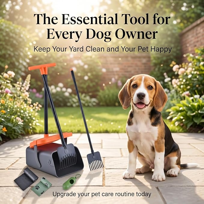 46-Inch Dog Pooper Scooper, Swivel Bin & Rake Set with Extended Handle, Odor-Sealing Lid, Bag Holder + 35 Free Waste Bags, for Large Small Dogs, Yard & Outdoor Use