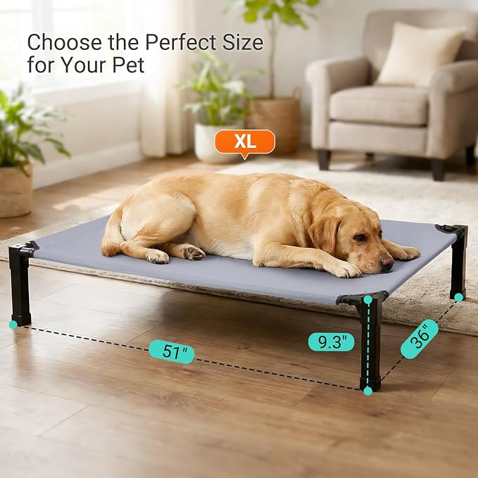 Elevated Outdoor Dog Bed, Raised Dog Bed with Steel Framed 51in | Cooling Elevated Pet Cot with Non-Slip Feet, and Waterproof, Washable, Breathable Teslin Mesh
