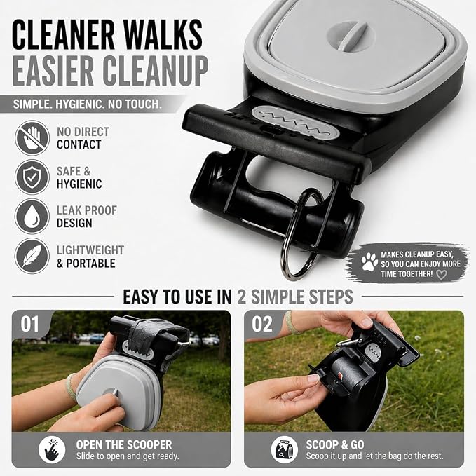 Dog Pooper Scooper with Waste Bag Dispenser – Small Size, Portable, Lightweight, One-Hand Operation, Leak-Proof, Durable Pet Waste Scooper (Grey)