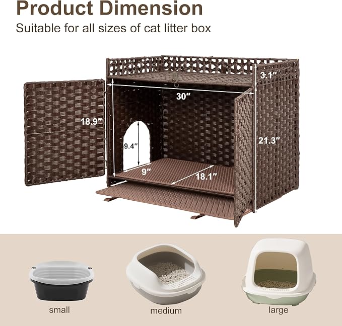 Hidden Cat Litter Box Furniture Enclosure – Handwoven Rattan Pet House with Removable Mat, Large Indoor Cat Litter Box with Elevated Metal Feet (30.3x18.2x24.5in), Modern Design for Living Room,Brown