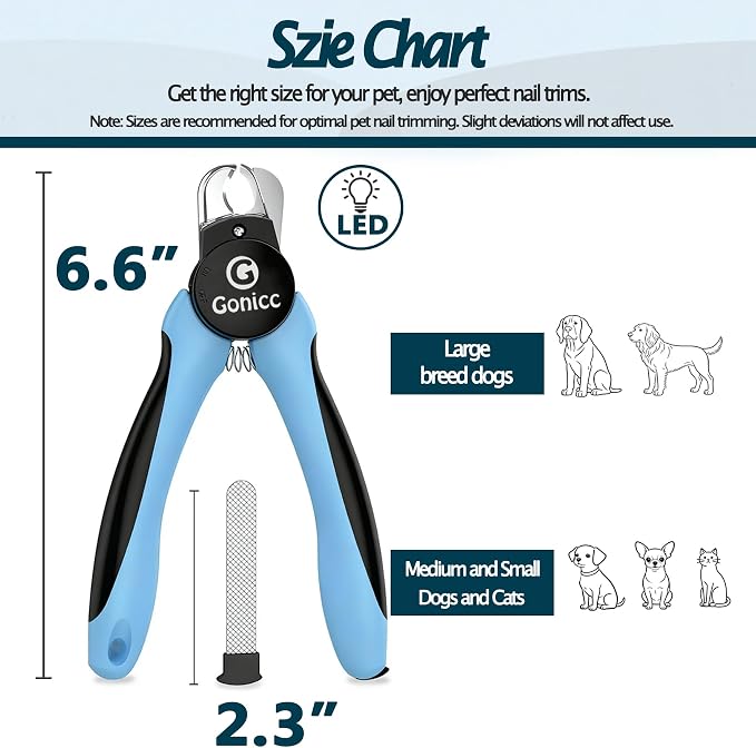 gonicc LED Pet Nail Clippers for Dogs & Cats | Light-Up Dog Nail Trimmer with Safety Lock & Built‑in File, Professional Stainless Steel Nail Clippers for Pets