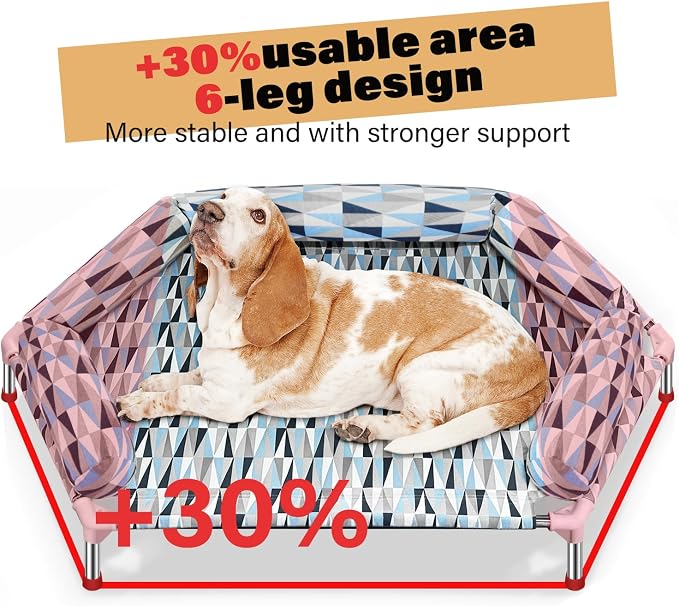 Elevated Dog Bed with Bolster, Raised Cooling Orthopedic Dogs Cot X-Large | Hexagon Outdoor Dog Bed with Metal Frame for Up to 130 lbs, Portable Dog Hammock for Patio Camping, Breathable Off the Ground