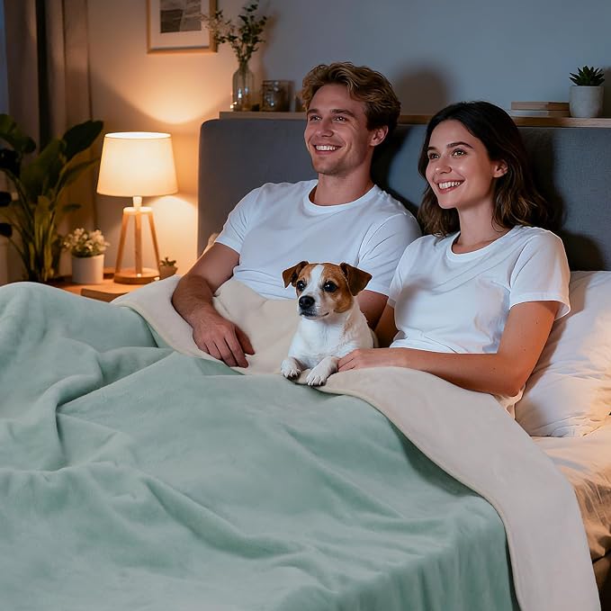 LOOBANI Waterproof Blanket for Queen Bed, Reversible Soft Flannel, 80"x90" | Waterproof Dog Blankets for Large Dogs, Spill-Proof Couch Cover for Family Movie Nights, Camping, Travel, Noise Free, Green