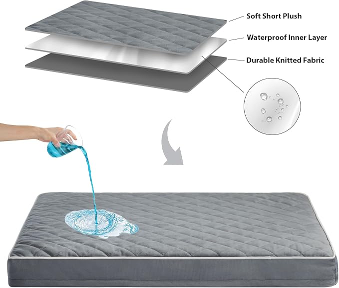 WNPETHOME Orthopedic Waterproof Dog Bed Medium for Comfy Sleeping | Washable Medium Pet Bed with Removable Cover, Multi-Needle Quilting Dogs Crate Bed Grey 30x20 Inch