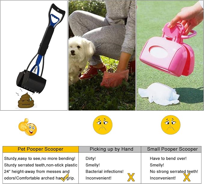 Pooper Scooper Long Handle Top Paw Jaws Poop Scoop Dog Sanitary Waste Pickup Removal for Small,Medium, Large, XL Pets Waste Bag Holder Feces Remover Portable Heavy Duty Disposer with Bags