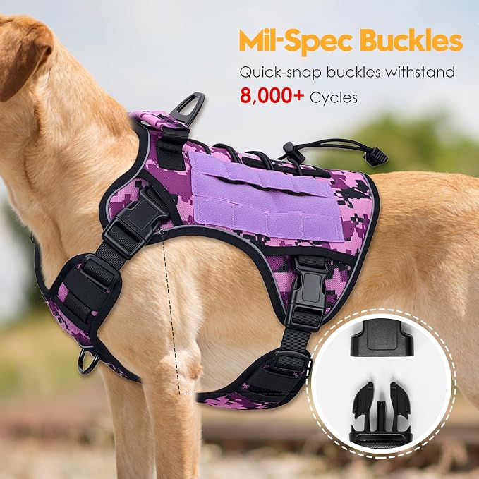 Heavy-Duty Tactical Dog Harness for Large Dogs, No Pull Adjustable Reflective Pet Vest with Molle System, K9 Military-Grade Control for Service Training, Outdoor & 10+ Breeds, Purple Camo, X-Large