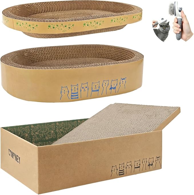 Comoney Cat Scratcher Bed 3 Pack, Oval Corrugated Cardboard Cat Scratch Pads for Indoor Cats with Grooming Brush, Round Cat Scratching Board Lounge Furniture Protector