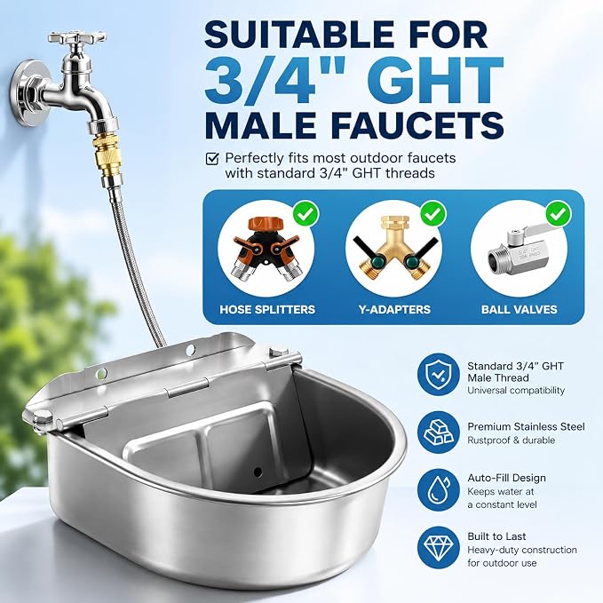 BWOGUE Automatic Water Dispenser for Dogs,1Gal Outdoor Automatic Water Bowl | Outdoor Dog Water Dispenser with Float Valve, Stainless Steel Bowl, 1/2 in & 3/4 in Faucet Fit, Wall/Ground Use,Dogs,Chickens