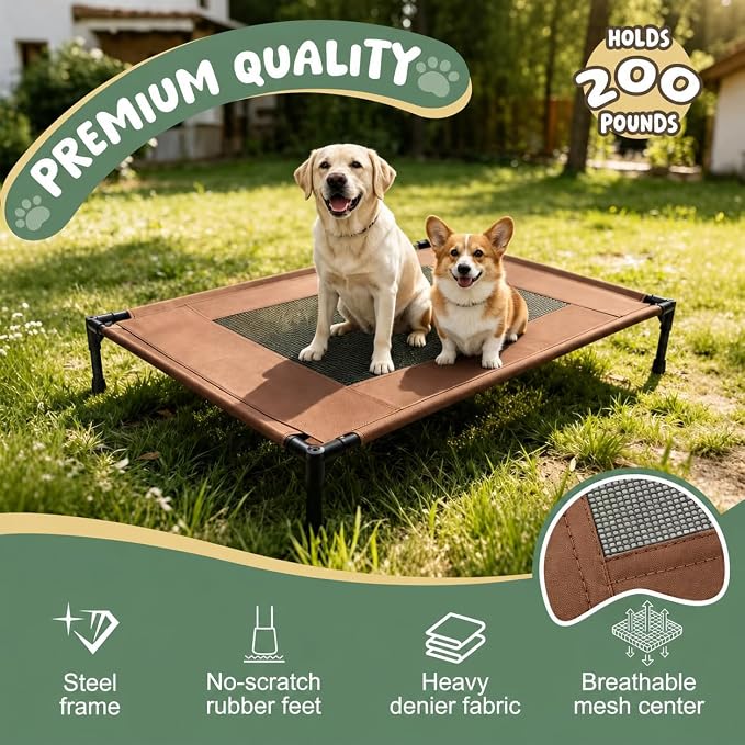 Elevated Dog Bed for Large Dogs - Outdoor Cooling Cot with Washable Breathable Mesh, Portable Raised Pet Bed with Non-Slip Feet & Waterproof Teslin, Heavy Duty & for Camping