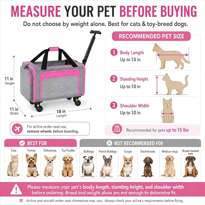 Airline Pet Carrier with Wheels, 18x11x11 for Cats & Toy Dogs | Soft-sided nylon under-seat bag, removable wheels, expandable mesh, cats & toy-breed dogs, measure pet before buying
