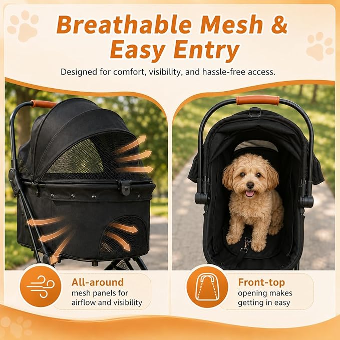Pet Stroller for Small Dogs and Cats, Detachable Dog Cat Stroller with All-Terrain Shock Absorbing Wheels, One-Click Foldable Design, Adjustable Canopy (Khaki)