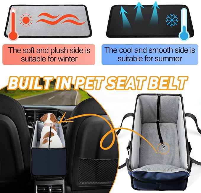 Portable Dog Car Seat for Small Dogs, Puppy Car Seat, Navy Blue | Booster Seat With Safety Leash & Adjustable Straps Keeps Small Dogs Secure. Removable Washable Cushion. Fits Most Cars.