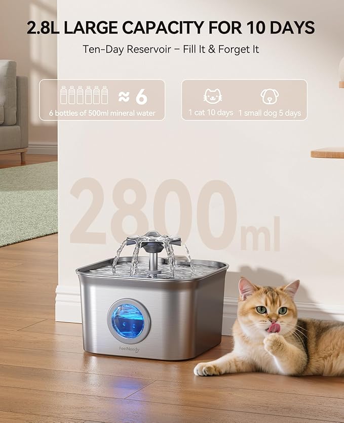 Stainless Steel Cat Water Fountain, 2.8L with 20dB Ultra-Quiet Pump- Ideal for Timid Pets, LED Water Level Window, Dishwasher Safe, 24/7 Circulation- Includes 6 Replacement Filters