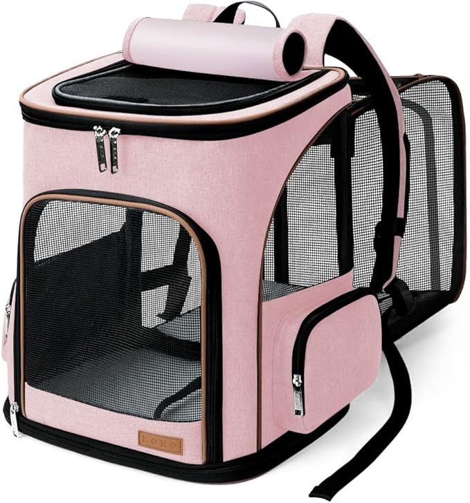 Lekereise Pet Carrier Backpack Expandable Cat Backpack Carrier for Small Dogs Large Cats Puppies, Dog Backpack Carrier for Hiking Travel Outdoor Hold Pets Up to 20 25 Lbs, Pink