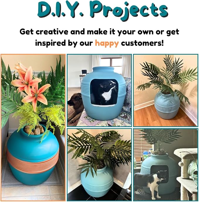 Good Pet Stuff Original Hidden Litter Box Planter, Decorative Cat Litter Enclosure with Carbon Filter, Artificial Palm Plant, Upgraded Design, Easy to Clean, Base Kit, Caribbean Blue