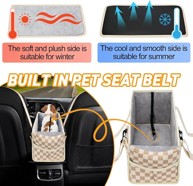 Console Dog Car Seat for Small Dogs, Foldable Booster Seat, Khaki Checkered | Portable Booster Seat Sits On Car Console/ Armrest. Foldable for Easy Storage. for Center Console, Easy To Clean.