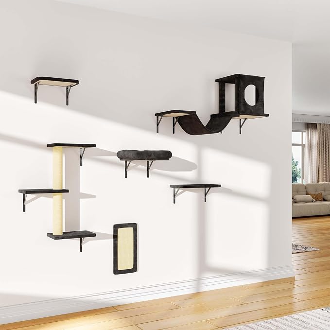 6-in-1 Cat Wall Shelves, Wall Mounted Cat Climber with Condo House, Scratching Post, Bridge Ladder, Space-Saving Indoor Play Furniture for Kittens, Black
