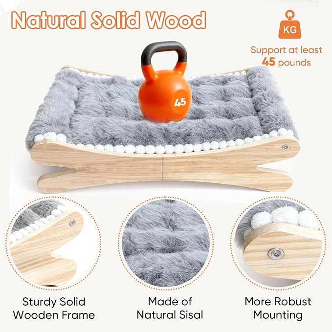 Plush Elevated Cat Bed - Cozy Raised Cat Hammock with Solid Wood Frame, Soft Furry Cushion for Indoor Cats & Small Dogs, Multi-Color Options(Grey)