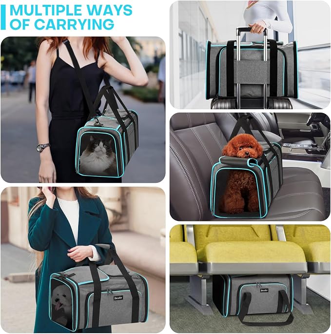 Pet Carrier, Large Soft Sided Expandable Travel Carrier with Steel Frame, Anti-Scratch Mesh, Removable Fleece Pad and Pockets for Cats, Dogs and Small Animals up to 15 lbs (Gray, 4 Sides Expandable)