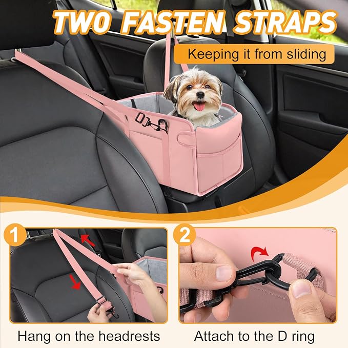 Portable Dog Car Seat for Small Dogs, Puppy Car Seat, Pink | Booster Seat With Safety Leash & Adjustable Straps Keeps Small Dogs Secure. Removable Washable Cushion. Fits Most Cars.
