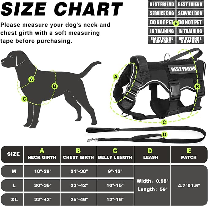 Tactical Dog Harness and Leash Set with Metal Buckles+10 Patches | Heavy Duty Service Dog Vest ,Adjustable Harness for Large Sized Dogs,No Pull Front Back Clips,for Training Hiking,Black L