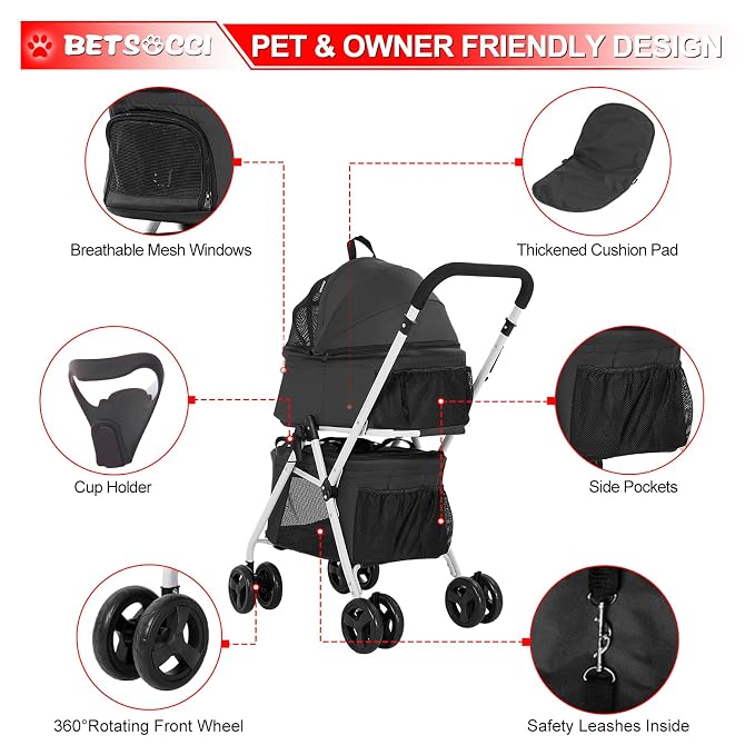 Double Dog Stroller with 2 Detachable Carrier, Portable Pet Stroller for Small Dogs & Cats Folding Lightweight Puppy Travel Carriage, 4 Wheels, Black