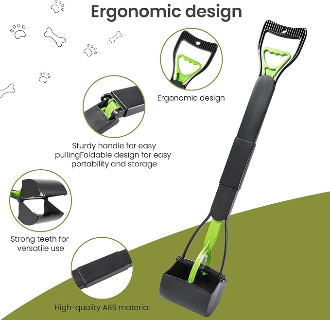 32in Dog Pooper Scooper with Bag Attachment, Foldable Long Handle | Thickened ABS dog scooper for large dogs. Features curved grip, jagged teeth, 120 bags, clip & extra 2x springs/buckles