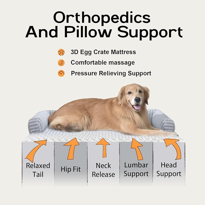 Orthopedic XL Dog Bed with Bolster for Extra Large Size Dogs | Pillow Support for Neck Relief, Egg Crate Foam, Skin-Friendly Surface, Waterproof Liner, Anti-Slip Bottom, 42 x 30 Inch