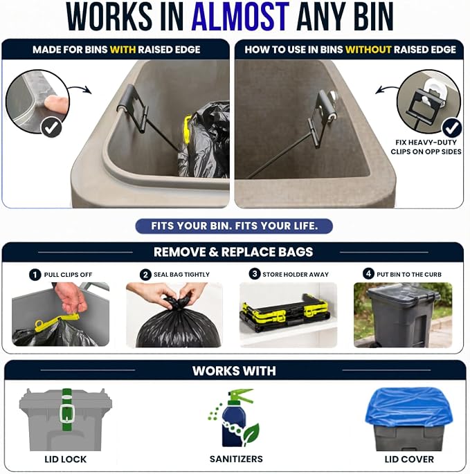Trash Bag Holder 13x13 – Metal Garbage Bag Frame with Clips – Holds 13, 30 & 33 Gallon Liners Inside 32-96 Gallon Cans – Foldable Bag Stand & Opener for Kitchen, Camping, & RV