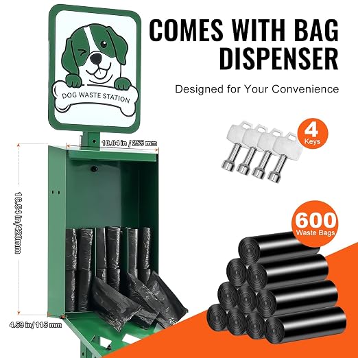 Happybuy Dog Waste Station, Commercial Pet Poop Station, 11.5 Gallon Waste Bin with 50 Can Liners, Bag Dispenser & 600 Waste Bags, Outdoor Dog Waste Disposal System for Backyard Use