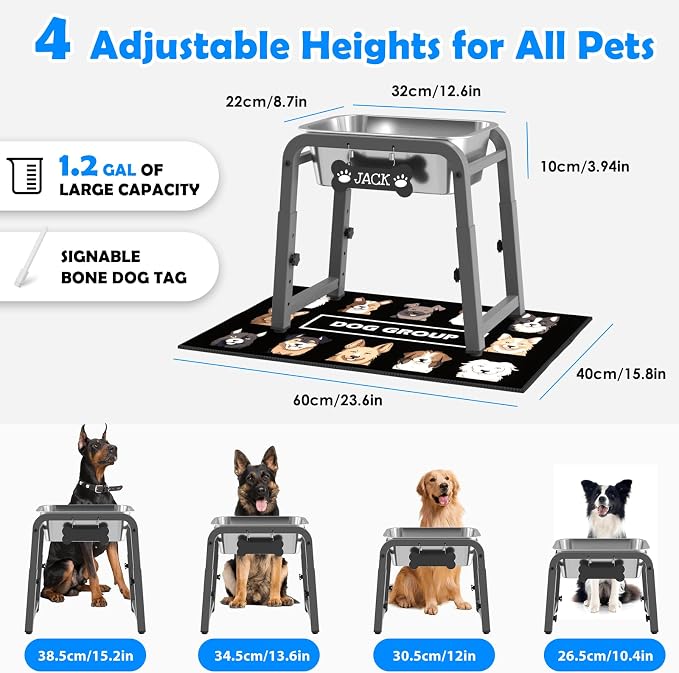 1.2 Gallon Elevated Dog Water Bowl, Height Adjustable (10.4–15.2'') Raised Stainless Steel Bowl with Spill-Proof Mat & Sturdy Metal Stand, Tip-Proof, Easy to Clean, Indoor & Outdoor Use