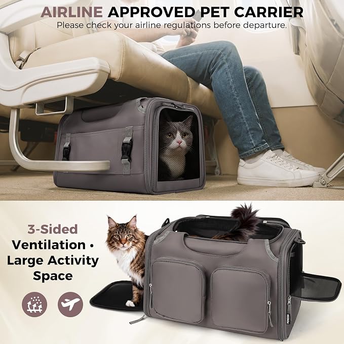 Dog, Cat Carrier for Pets Up to 12 Lbs, Airline Approved Collapsible Soft-Sided Pet Travel Bag with Locking Zippers, Breathable Mesh and 4 Large Pockets, Removable Fleece Pad (Grey)