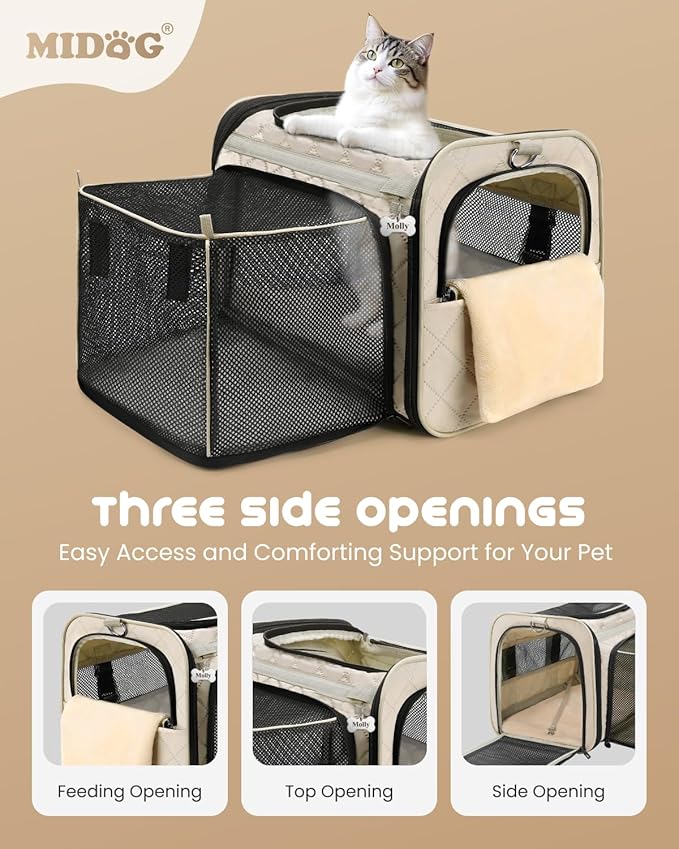 MIDOG Cat Carrier Soft for Small-Medium Cats Up to 15lbs, Airline Approved | Expandable Square Design,Comfort & Breathable Window,Equipped with anti-slip lock zippers and an internal safety leash