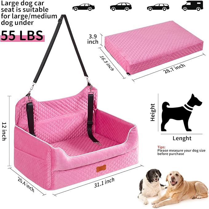 Dog Car Seat for Large/Medium Dogs - Memory Foam Dog Booster Seat for Under 55Lbs or 2 Small Dogs-Detachable and Washable Travel Bed with Thick Cushion and Storage Pockets-Pink