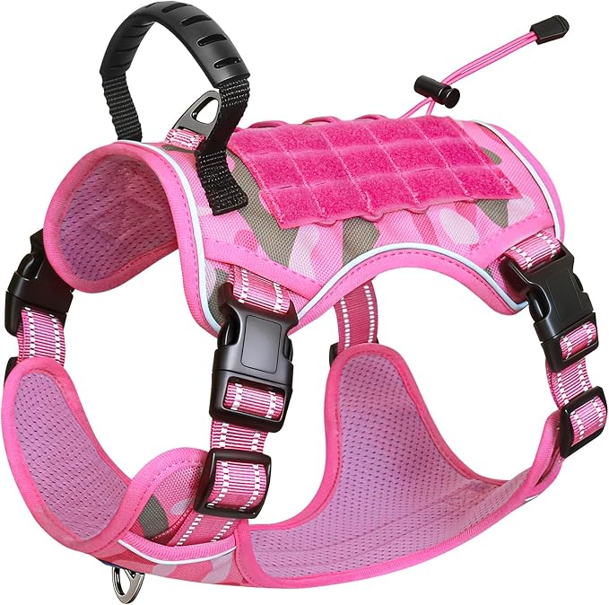 Tactical Dog Harness No Pull,Service Dog Vest with Handle,Pink Camo, M | Adjustable Military,Reflective ＆ Molle Loop Panels, for Medium Large Size Dogs for Training Walking Running