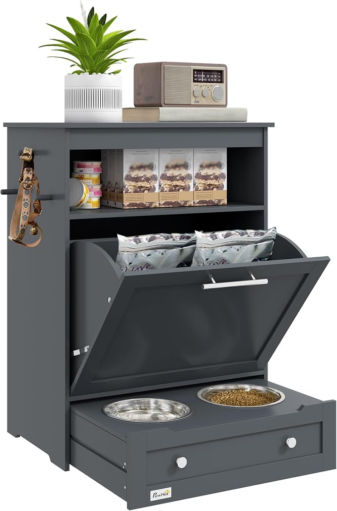 PawHut Dog Feeding Station with Raised Bowls, Pet Feeder Station, Gray | Dog Food Storage Cabinet, Hanger for Feeding & Watering Supplies