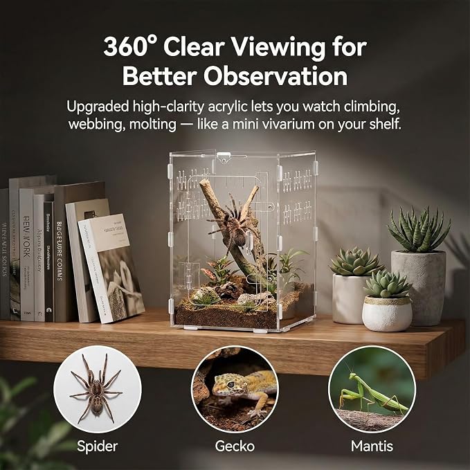 Tarantula Enclosure 8x8x12 Acrylic Terrarium: Arboreal Frog Habitat | Front Opening All-Side Ventilation Lockable Jumping Spider Enclosure for Crested Gecko Hermit Crab, Gift for Reptile Hobbyist