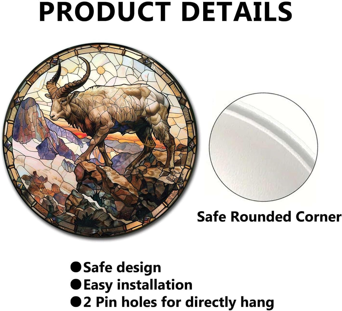 Lygond Metal Sign Tin Sign Circular Stained Glass Mountain Goat Tin Sign Gift for Garage 12×12 Inches