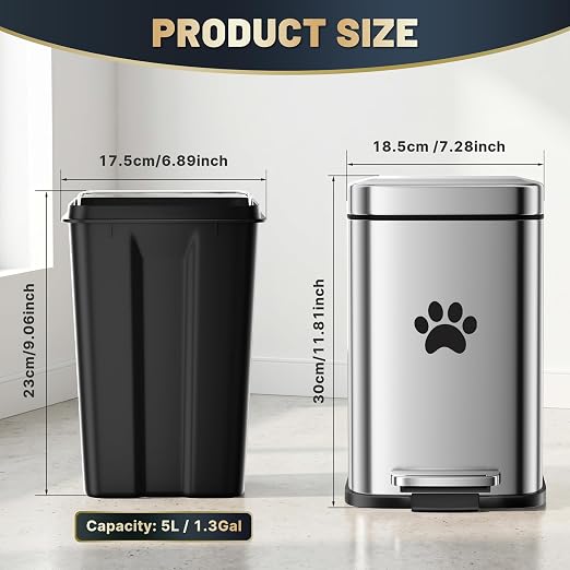 Small Dog Poop Trash Can Outside with Odor Control Lid, 5L/1.3Gal Metal Step Pedal Waste Bin & Removable Inner Bucket, Includes 30 Trash Can Bags, Indoor/Outdoor/Yard Dog Waste Trash Can (Silver)