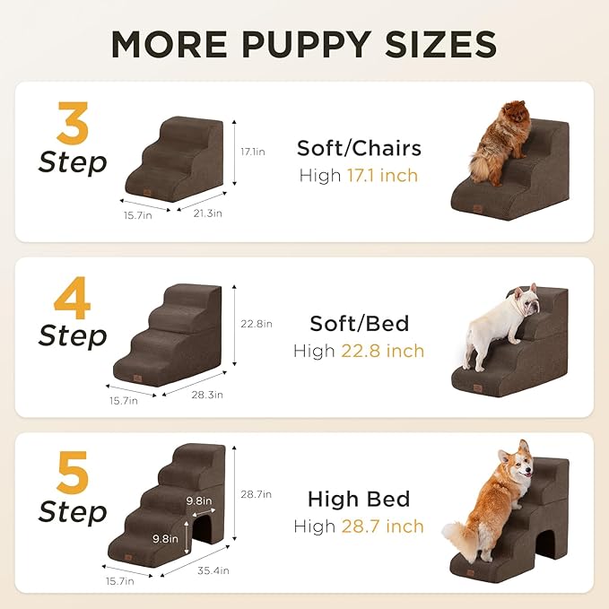 Joydeco Dog Stairs for Bed 29" H, 5-Step Pet Steps for Small Dogs and Cats, Dog Steps for High Bed, Non-Slip Balanced Ramp Indoor Pet Stairs, Brown