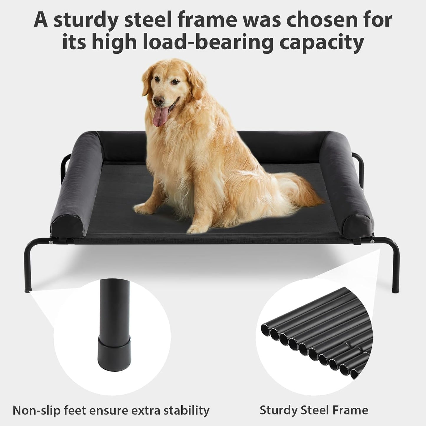 RRPETHOME Large Elevated Cooling Dog Bed, Raised Dog Cot Beds for Large Dogs, Elevated Outdoor Pet Cot, Chew Proof Portable Cooling Pet Cot with Skid-Resistant Feet and Breathable Mesh