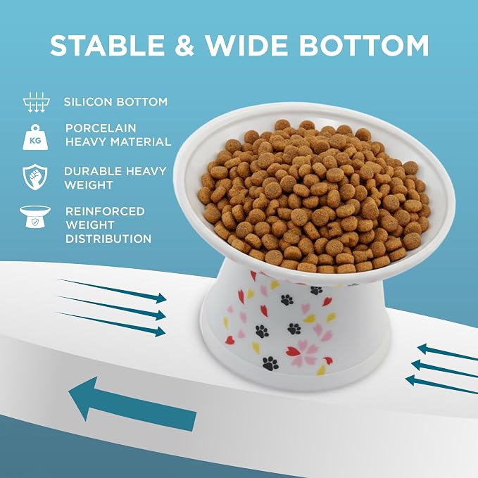 Necoichi Elevated Cat Food Bowl, Ceramic (Porcelain), Whisker-Friendly, Dishwasher & Microwave Safe, Non-Slip Silicone Base, Anti-Vomiting & Neck Fatigue (Sakura Floral, Extra Wide)