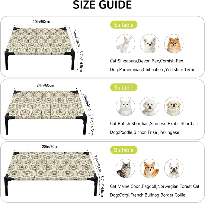 Outdoor Elevated Dog Bed for Medium Dogs, Classic Bees Breathable Cooling Raised Dog Cot for Indoor/Outdoor, Summer Spring Floral Animals Wooden Waterproof Elevated Pet Beds, M 24 x 20 in